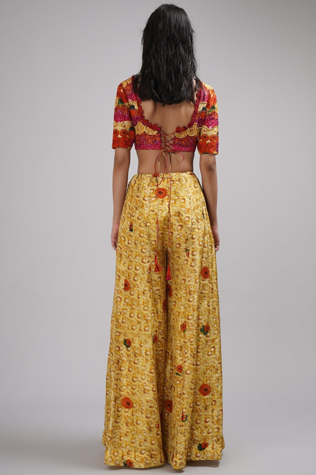 Deep Round Neck Blouse Pallazo Sharara Set