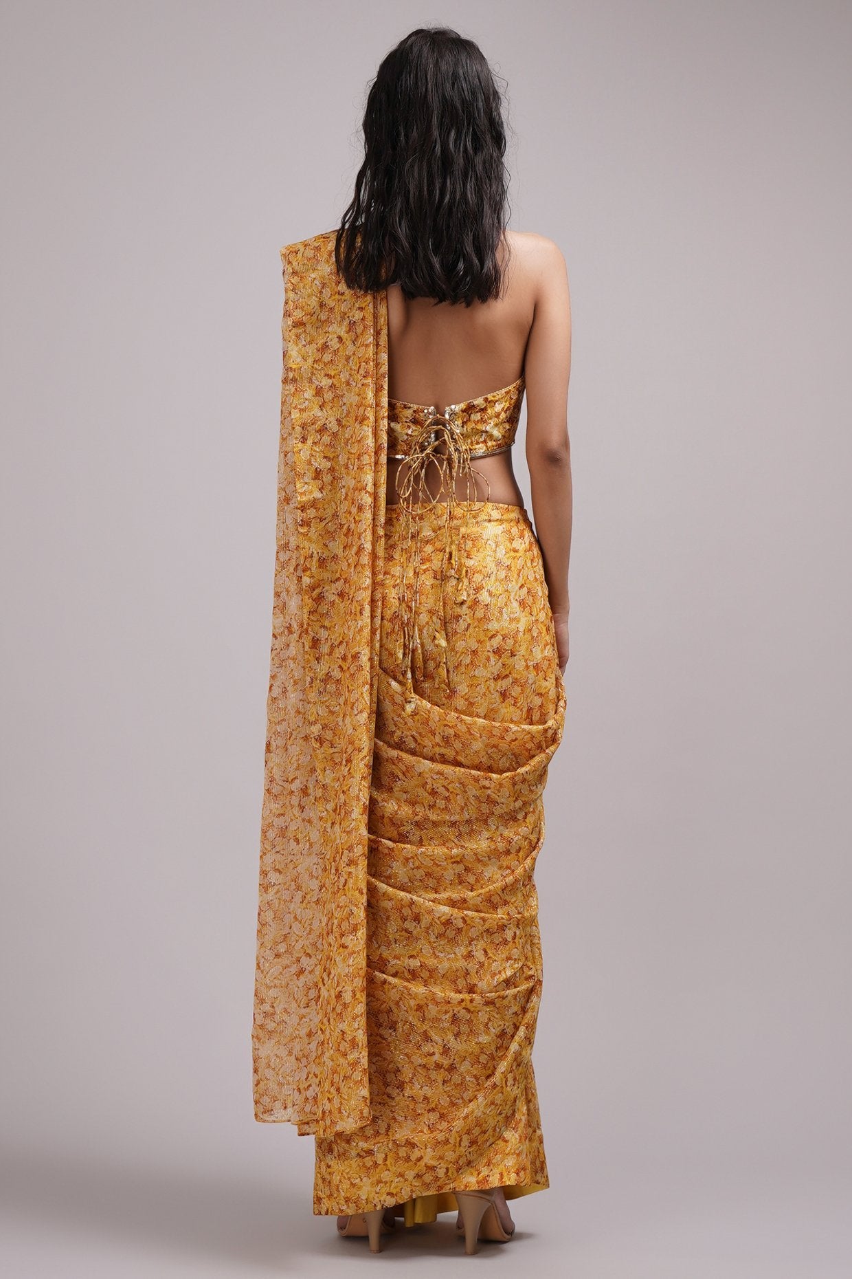 Halter Neck Blouse Pre Draped Saree Set