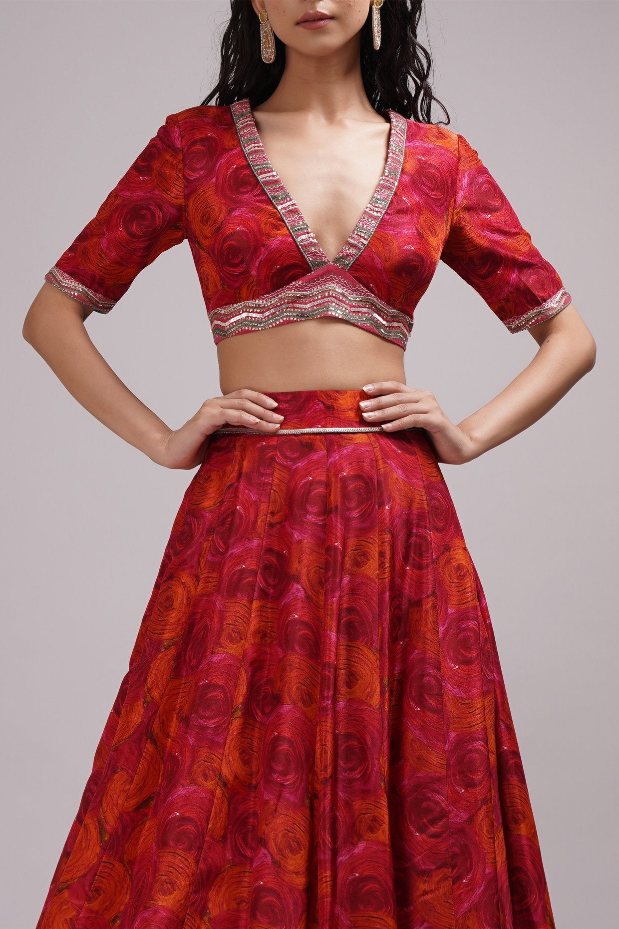 Plunge Neck Blouse Lehenga Set