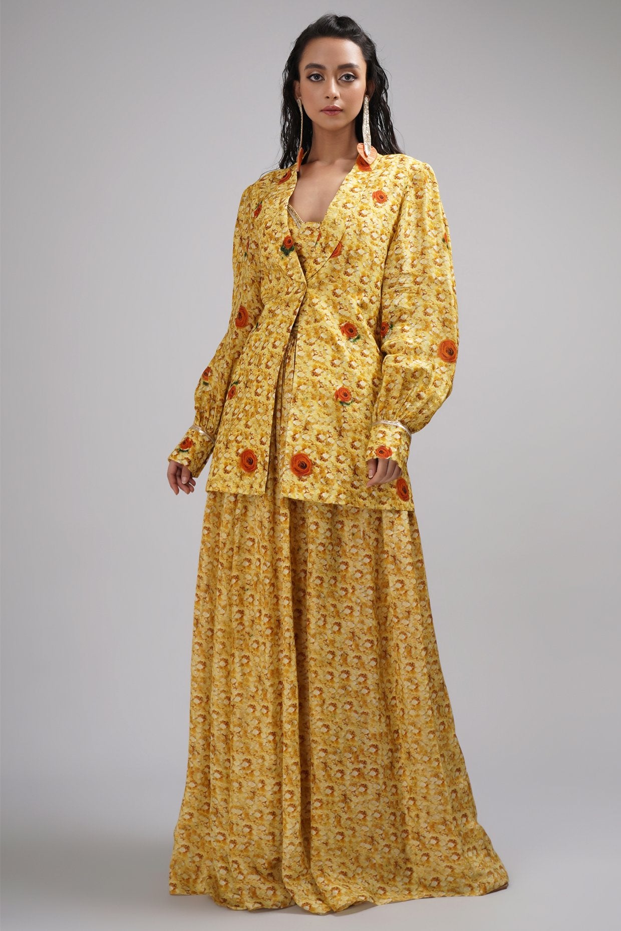 Sweetheart Neck Bustier Blouse Light Lehanga Set Paired With A Stylised Jacket.