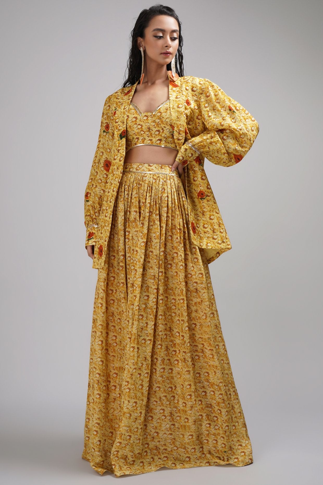 Sweetheart Neck Bustier Blouse Light Lehanga Set Paired With A Stylised Jacket.