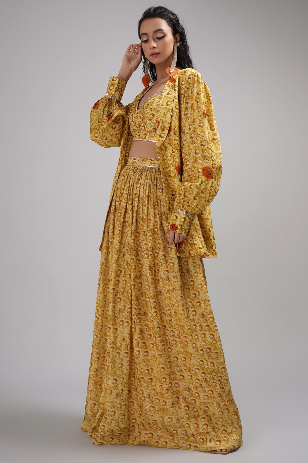 Sweetheart Neck Bustier Blouse Light Lehanga Set Paired With A Stylised Jacket.