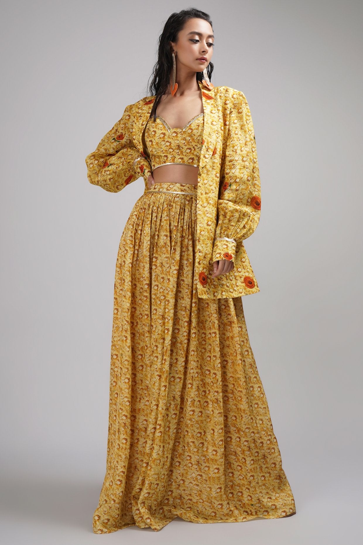 Sweetheart Neck Bustier Blouse Light Lehanga Set Paired With A Stylised Jacket.