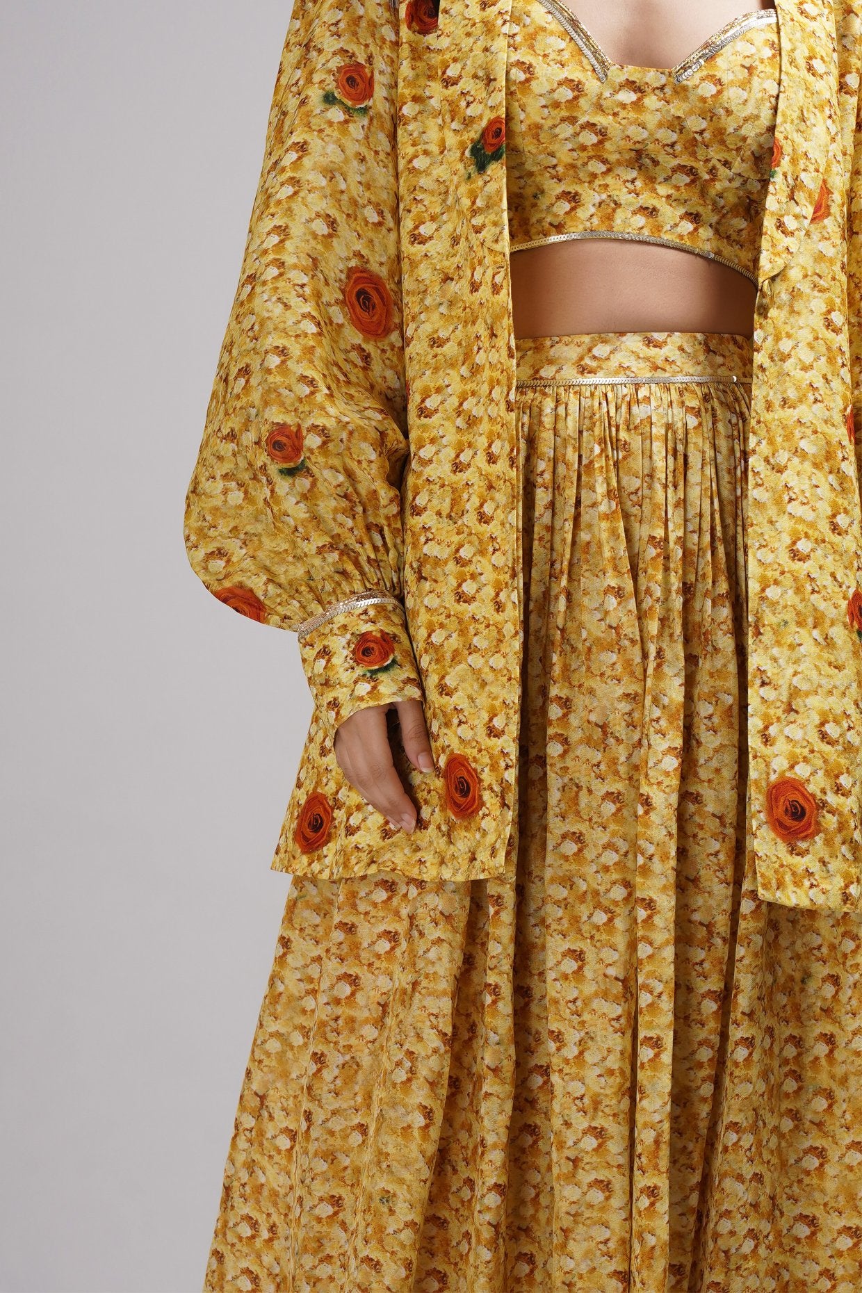 Sweetheart Neck Bustier Blouse Light Lehanga Set Paired With A Stylised Jacket.