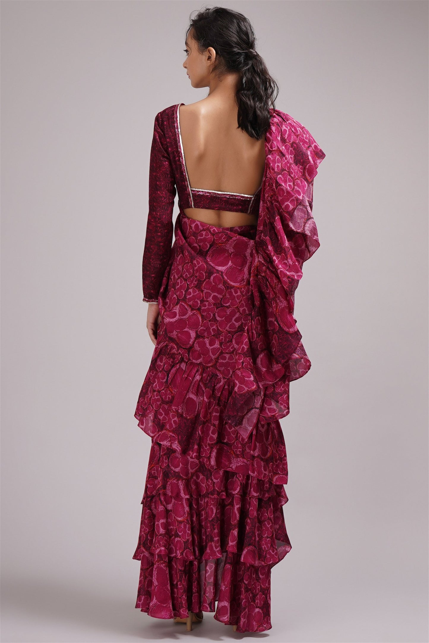 V Neck Full Sleeve Blouse Ruffled Saree Set