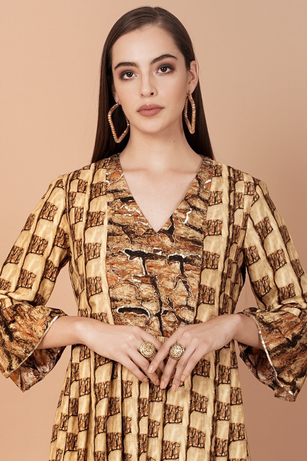 Gold & Brown Printed Kurta With Pants