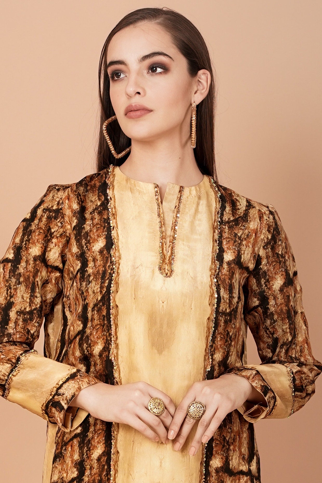 Gold & Brown Printed Kurta With Pants