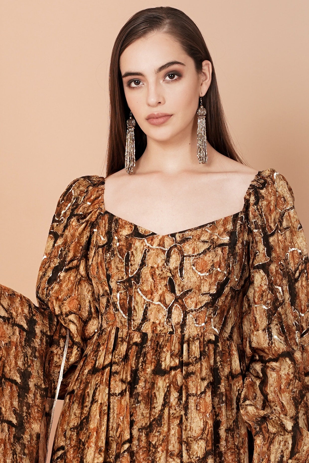 Gold & Brown Printed Gown With Stole