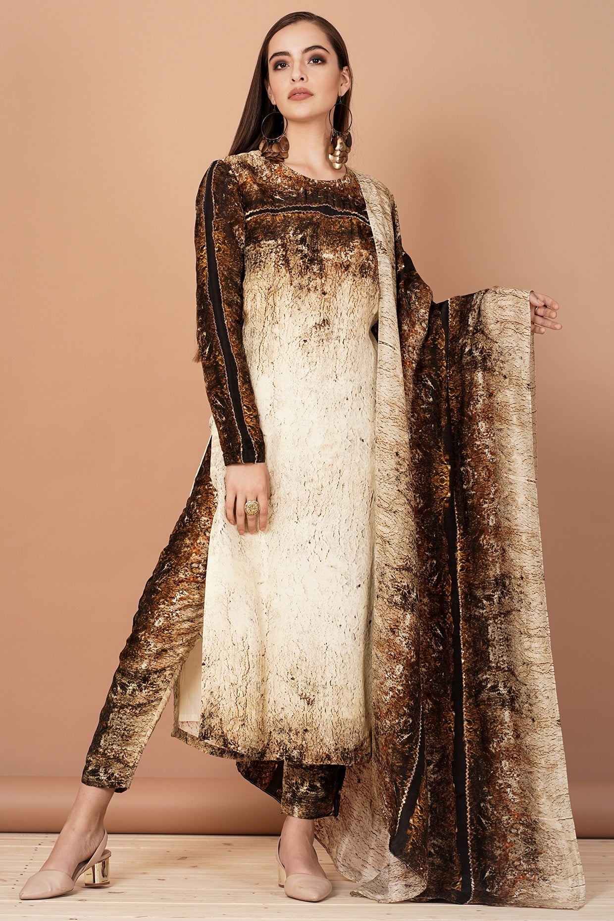 Beige & Brown Printed Kurta Set
