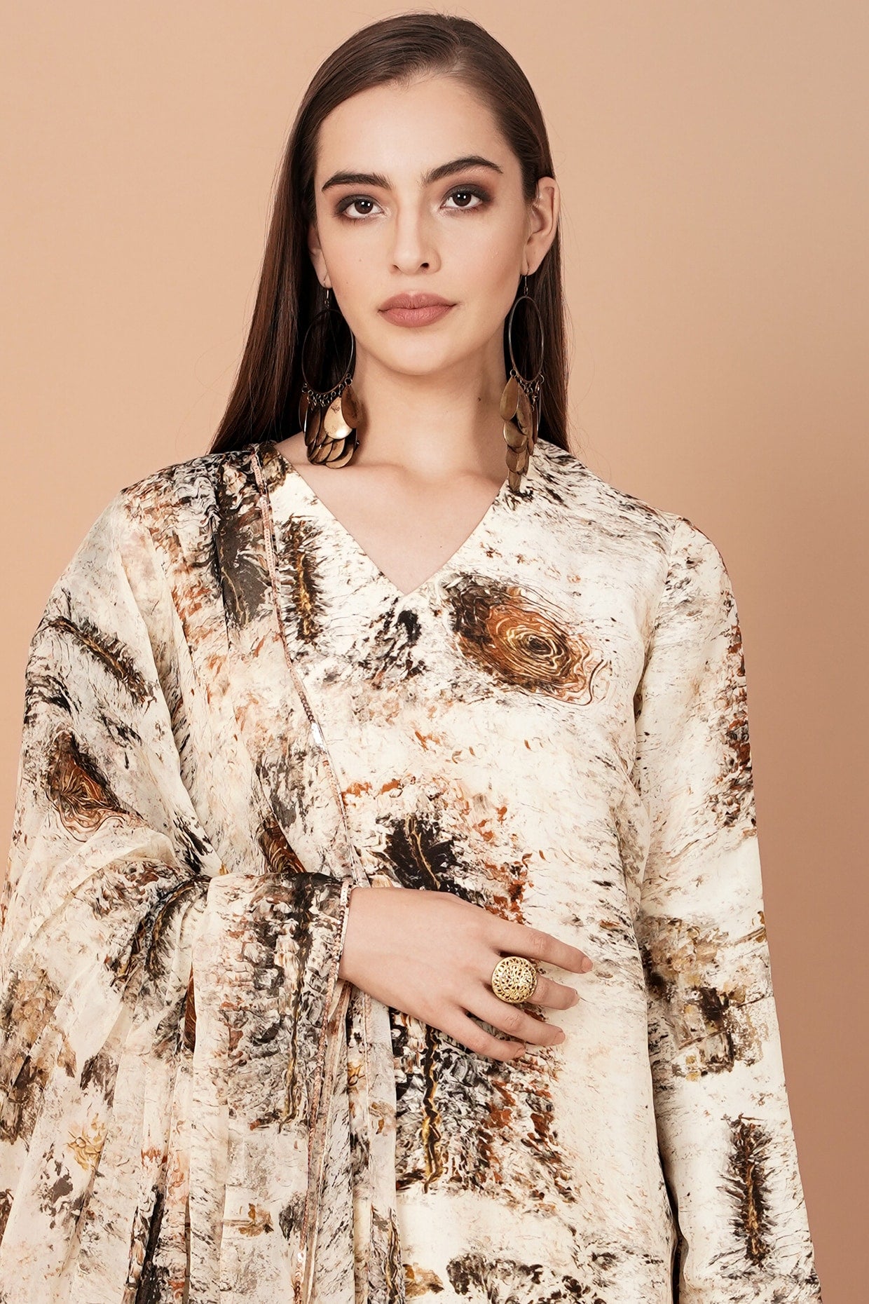Beige & Brown Printed Kurta Set