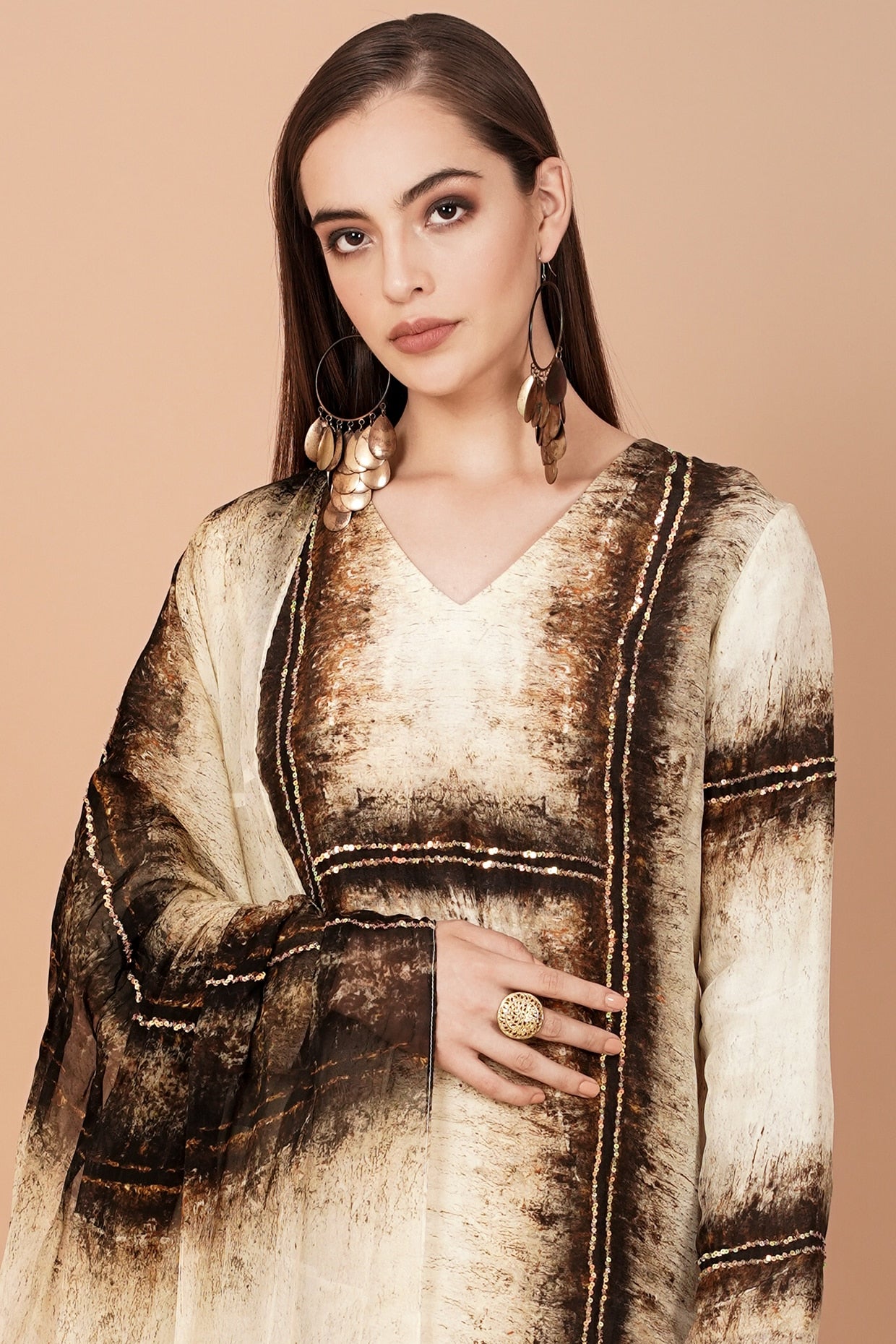 Beige & Brown Digital Printed Kurta Set