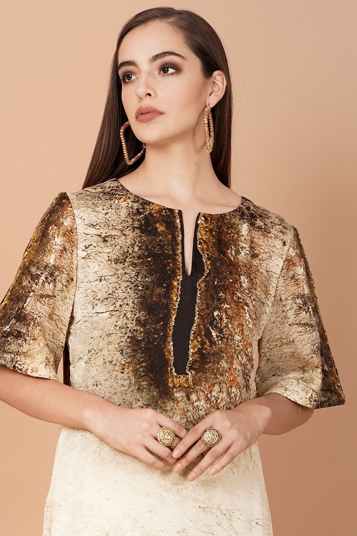 Beige & Brown Printed Kurta With Pants