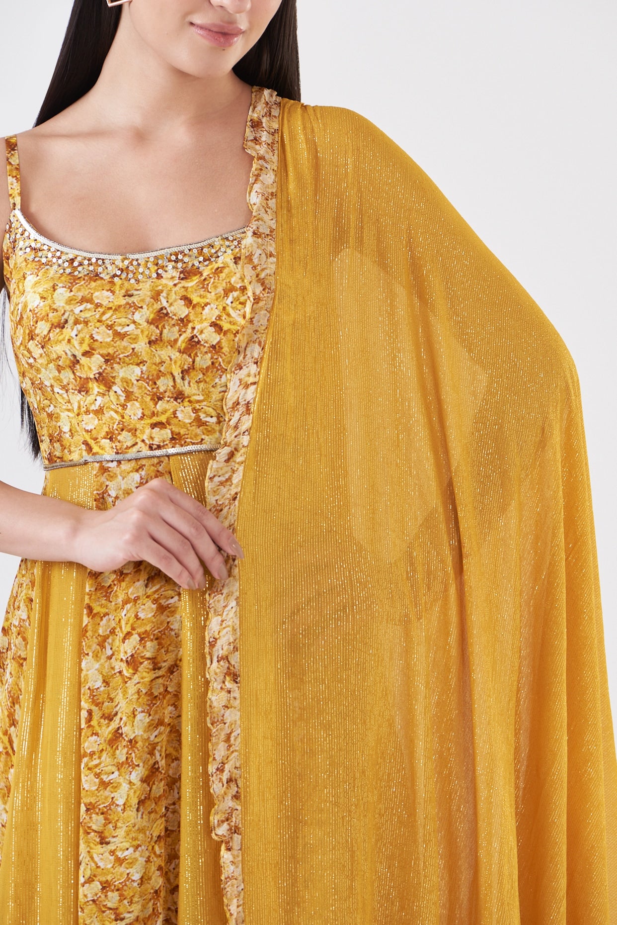 Mustard Upada Silk Embroidered & Hand Painted Kurta Set