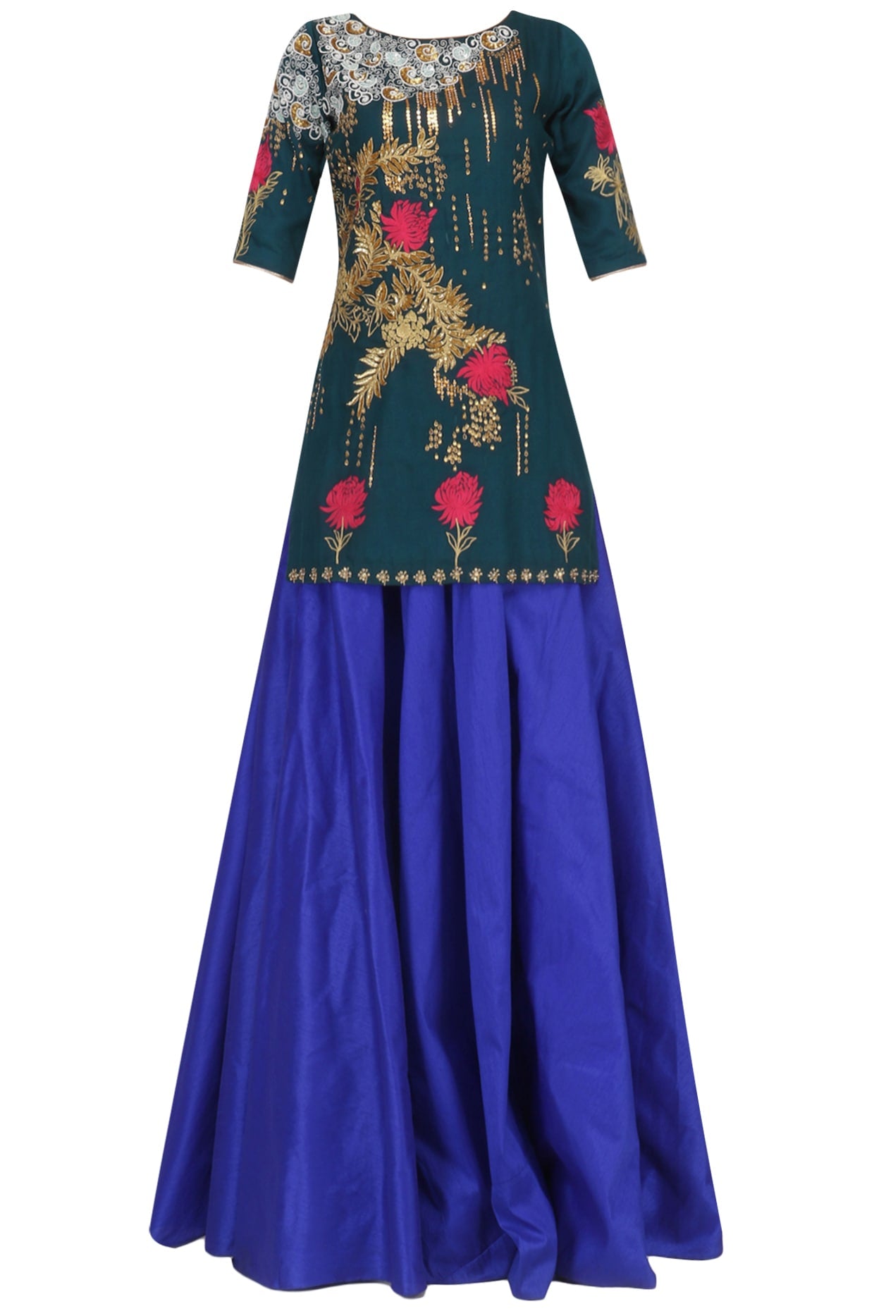 Navy Embroidered Short Kurta With Lehenga Set