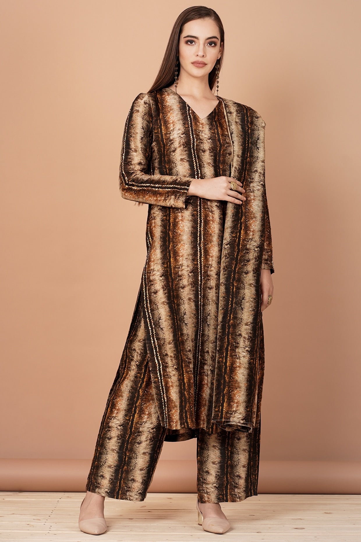 Brown & Gold Printed Kurta Set