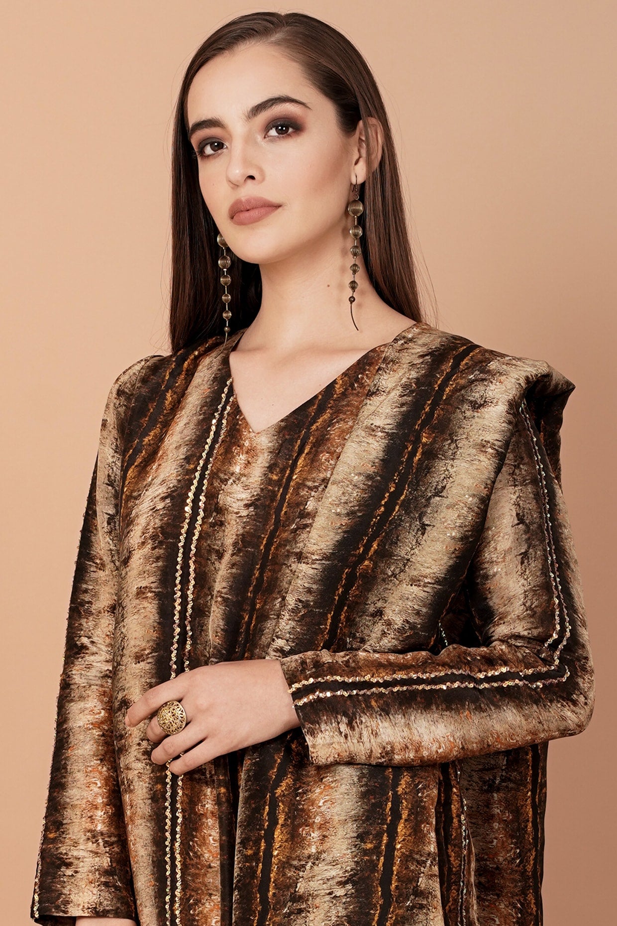 Brown & Gold Printed Kurta Set