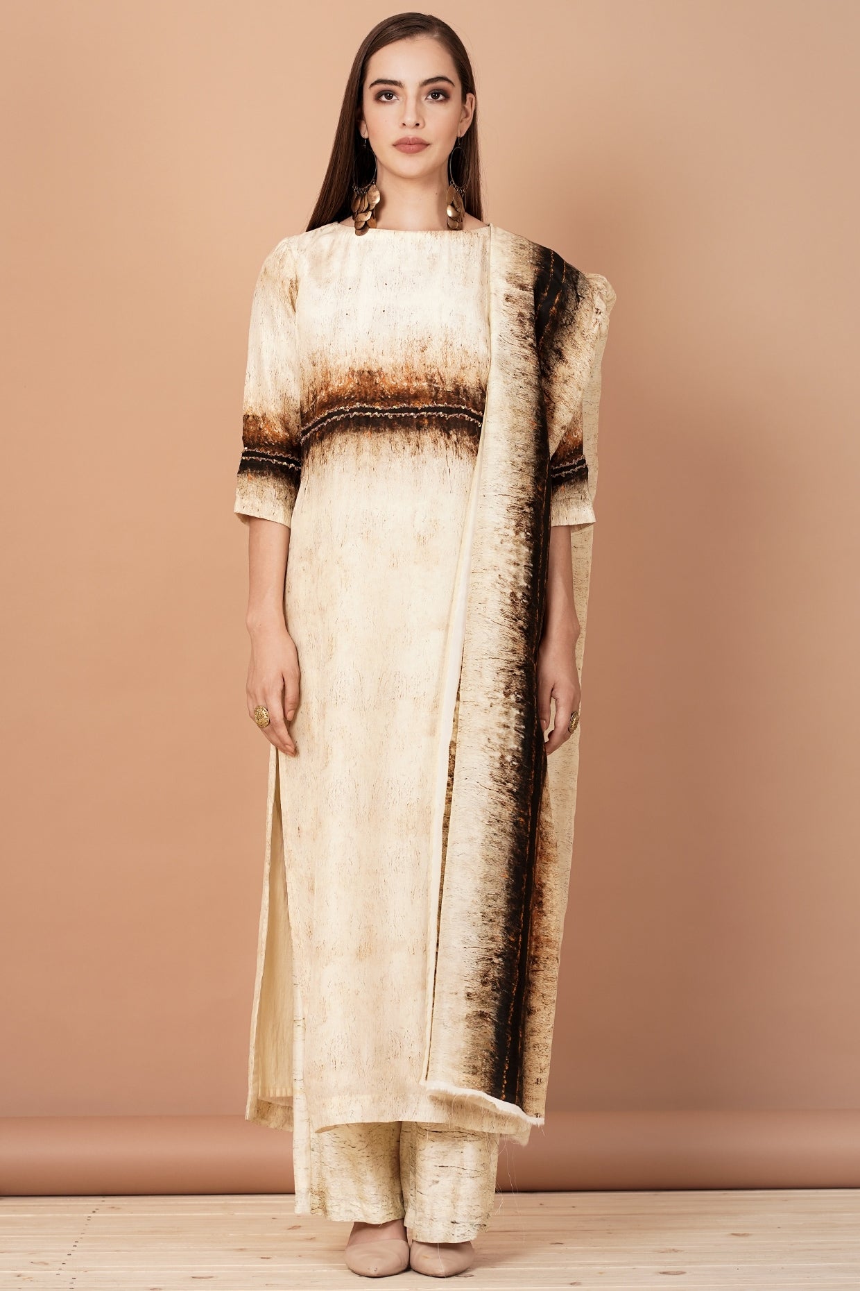 Brown & Beige Printed Kurta Set