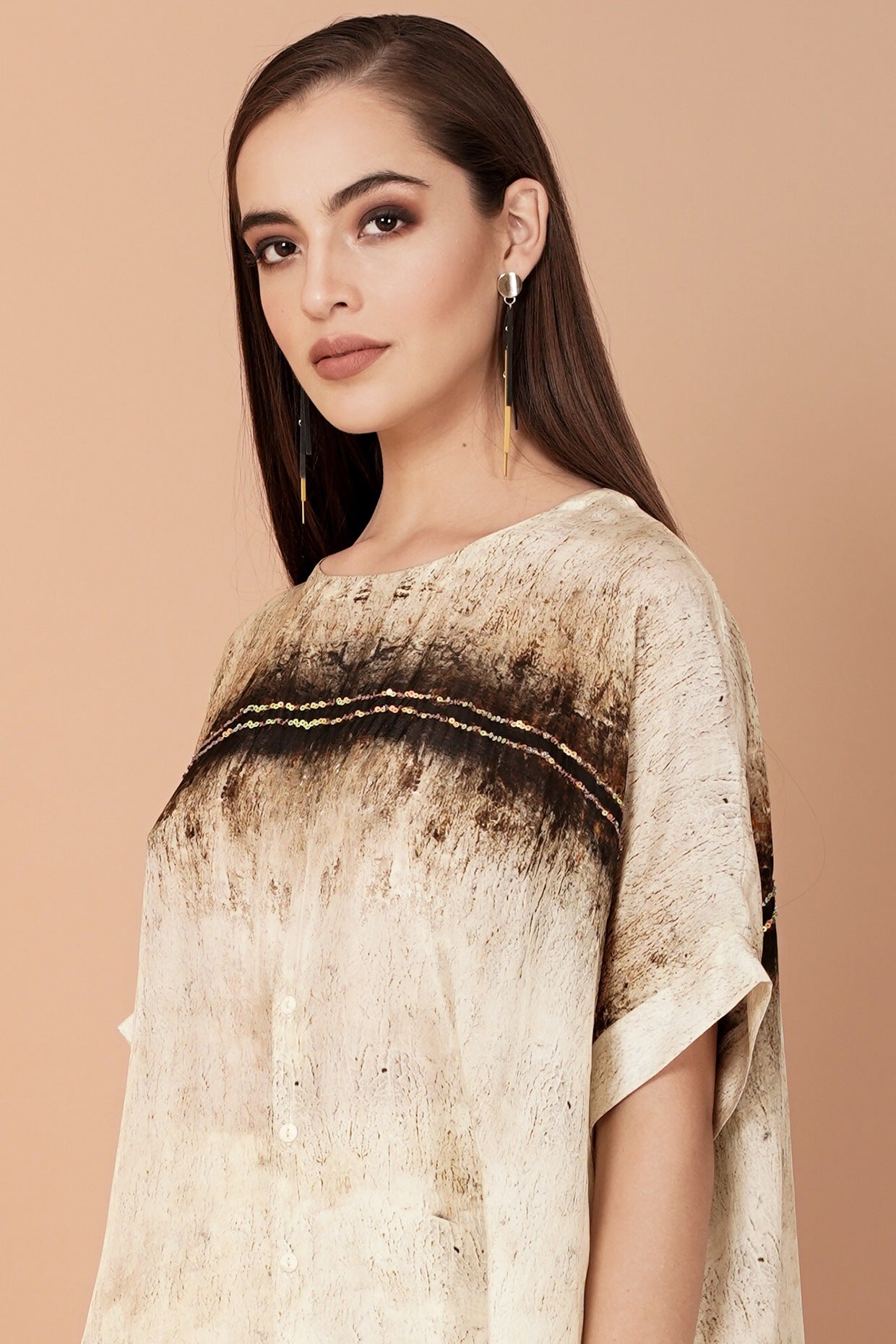 Brown & Beige Embroidered Pants Set