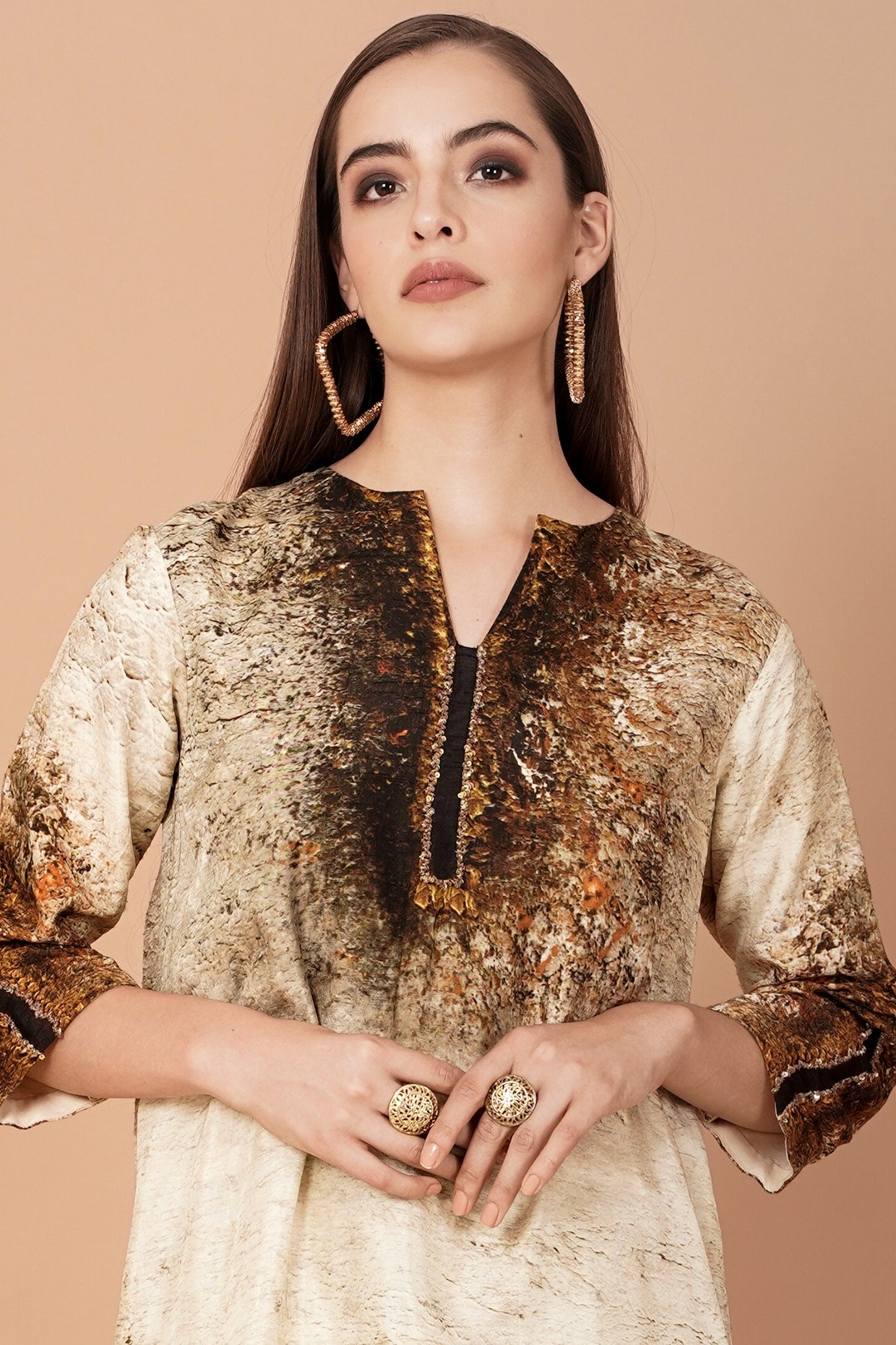 Beige & Brown Kurta With Pants