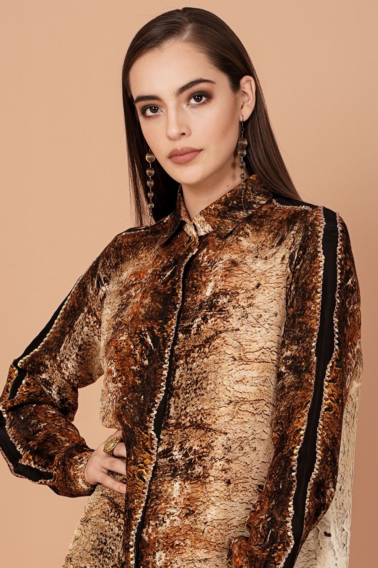 Beige & Brown Printed Pants Set