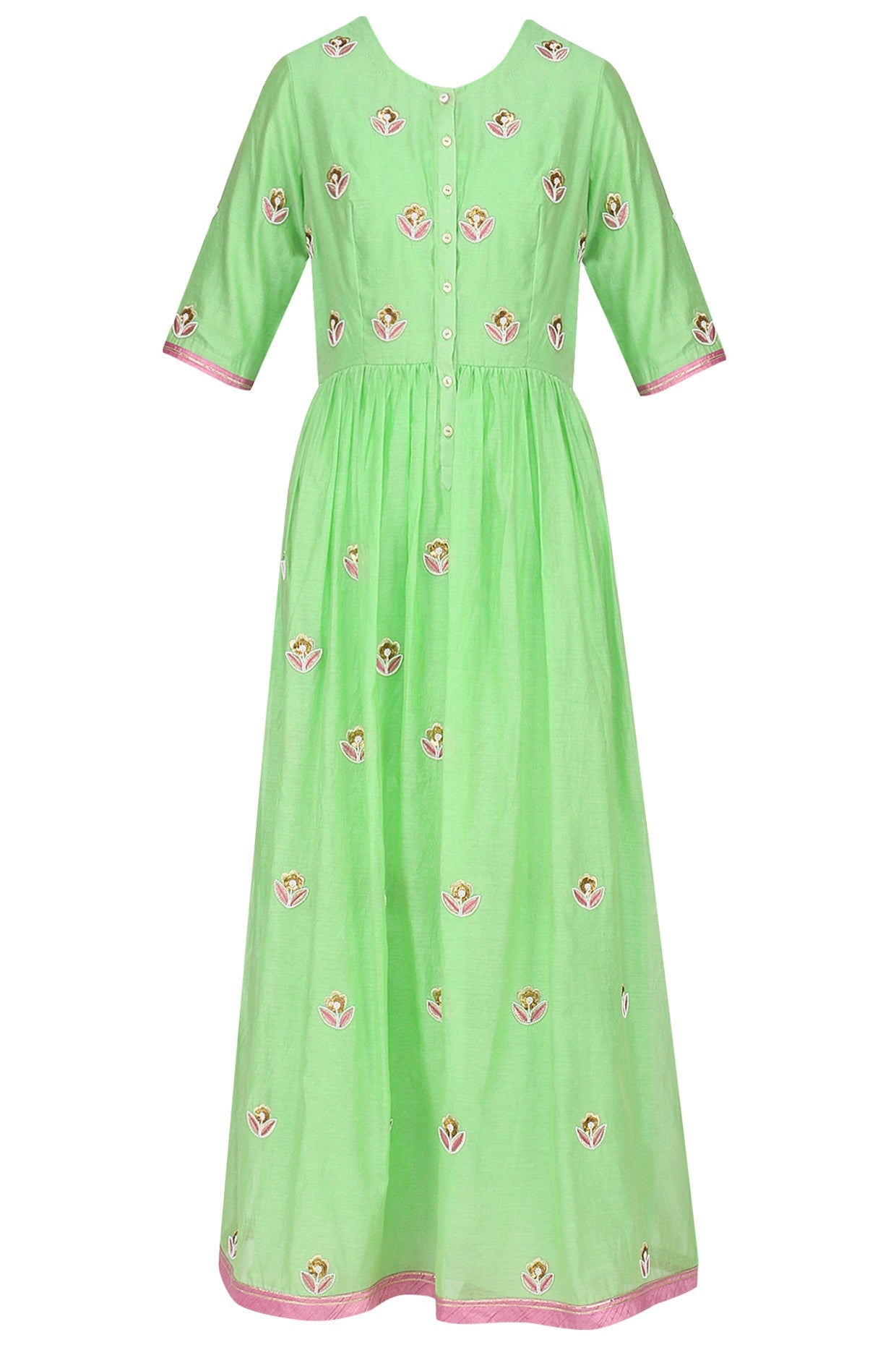 Mint And Pink Floral Embroidered Kalidaar Set