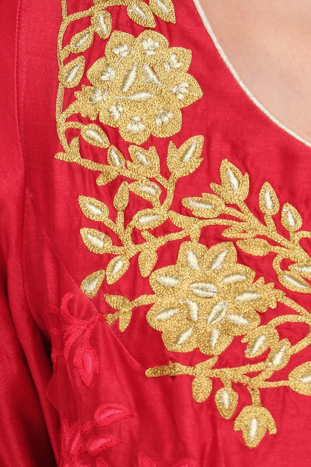 Red Floral Embroidered Anarkali And Palazzo Pants Set