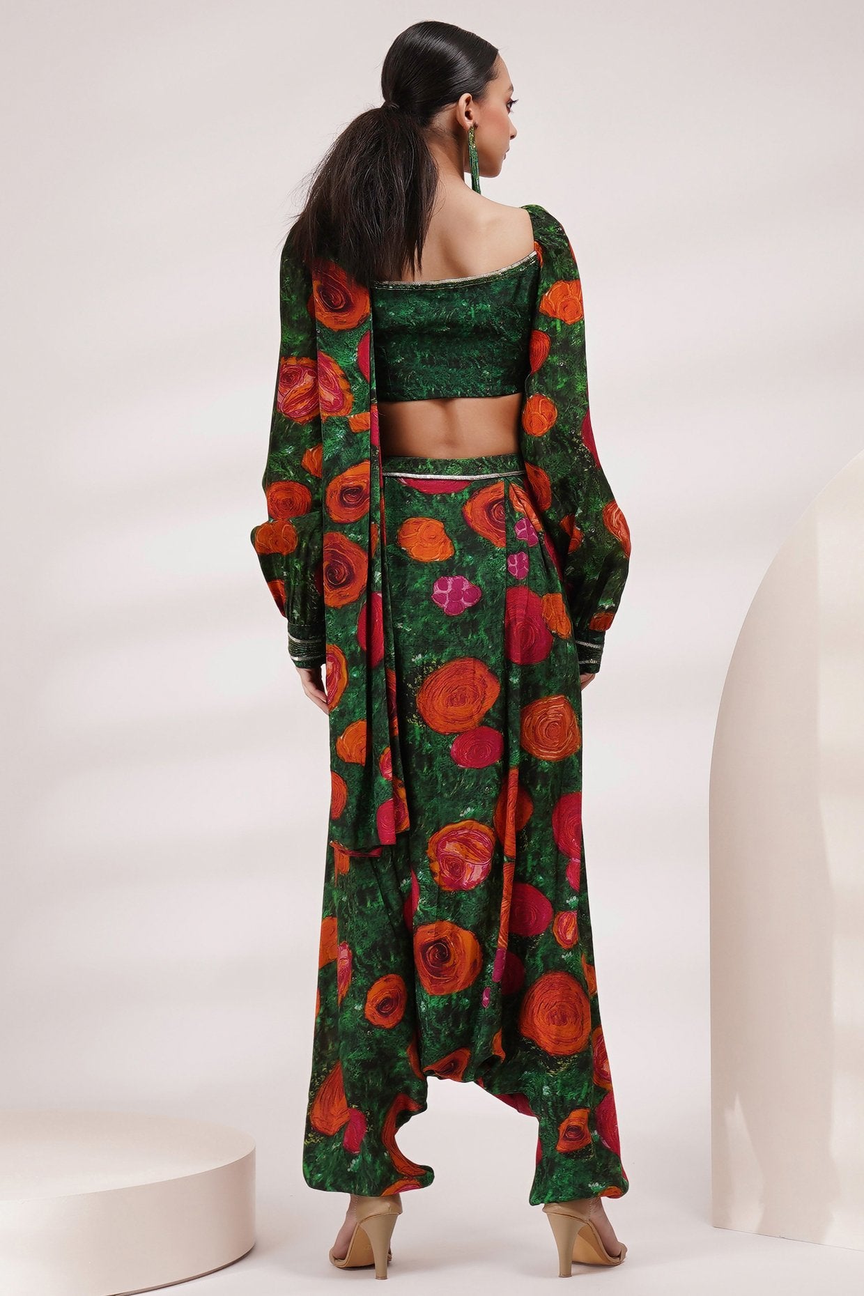 Square Neck Cuffed Sleeve Blouse Dhoti Saree