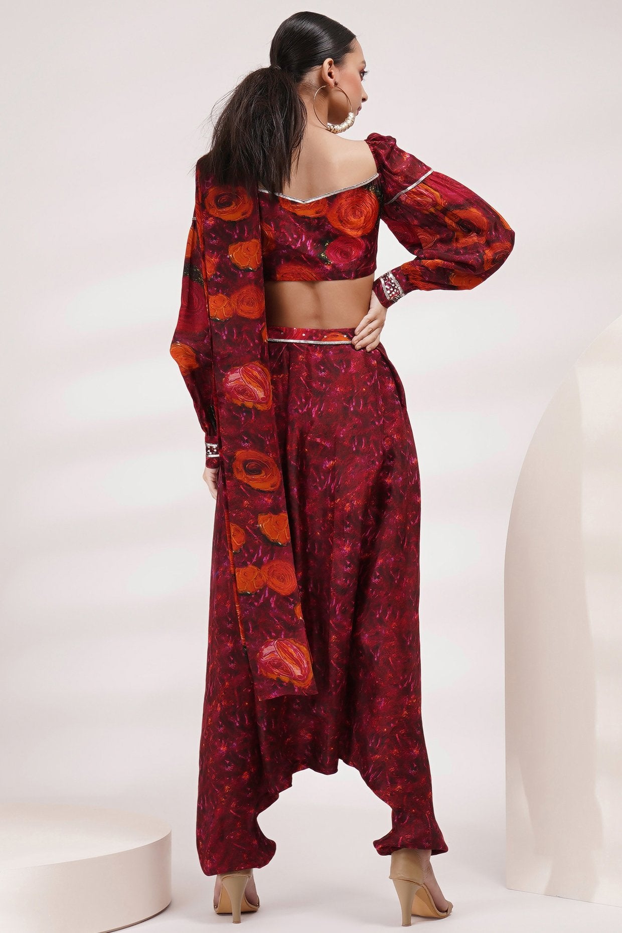 Sweet Heart Neck Cuffed Sleeve Blouse Dhoti Saree