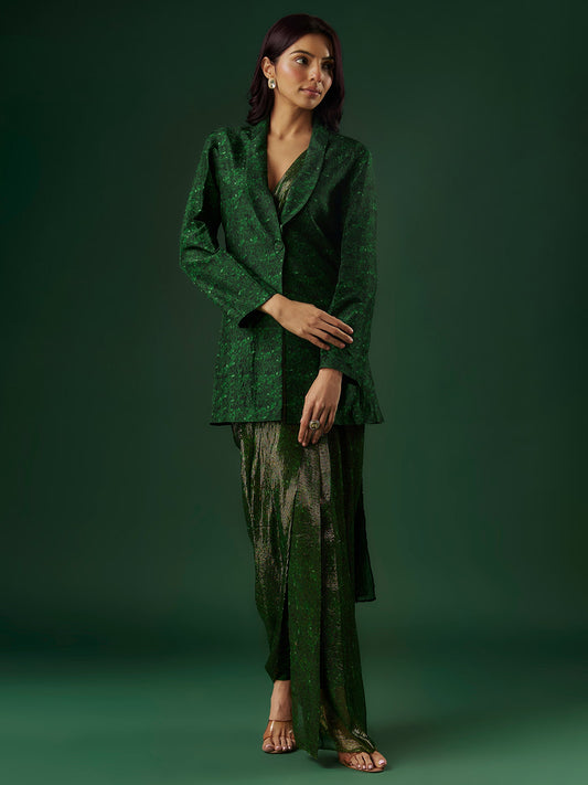 Deep Green Upada Silk & Shimmer Handpainted Draped Pant Saree Set