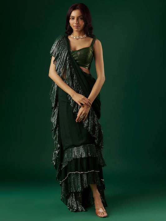 Deep Green Chinon & Shimmer Georgette Sequin Ruffled Saree Set
