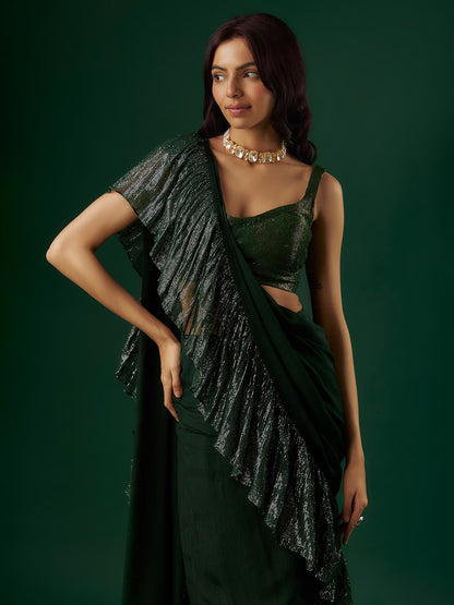 Deep Green Chinon & Shimmer Georgette Sequin Ruffled Saree Set