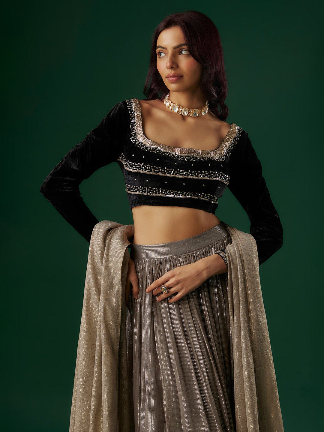 Silver Grey Shimmer Georgette Lehenga Set