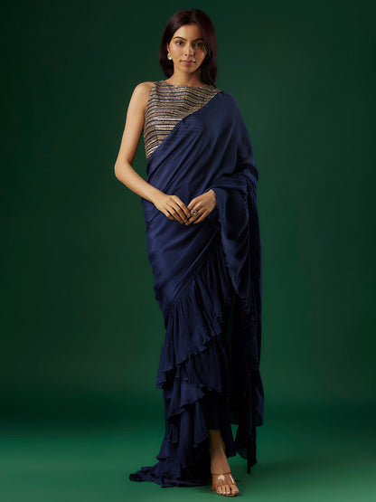 Navy Blue Chinon Ruffled Saree Set