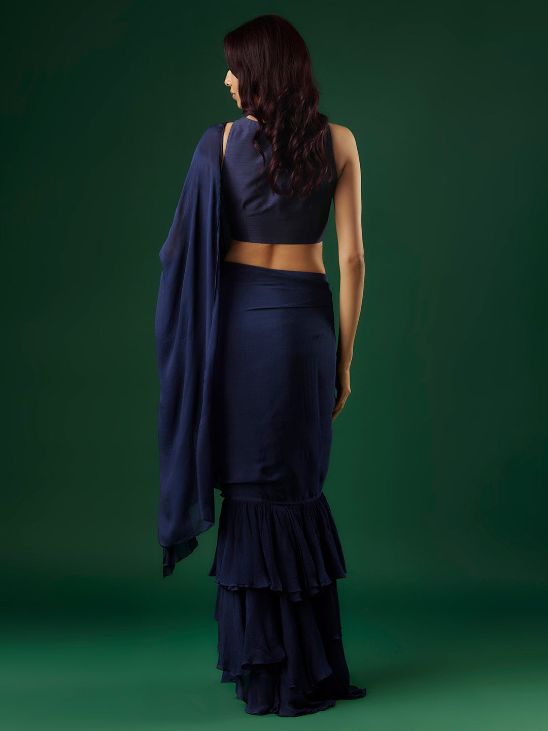 Navy Blue Chinon Ruffled Saree Set