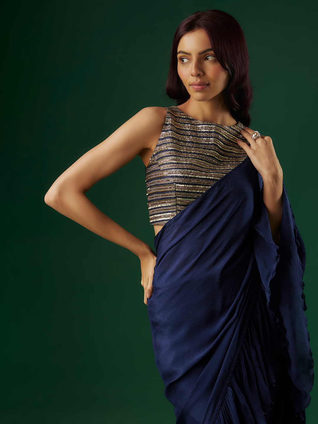 Navy Blue Chinon Ruffled Saree Set