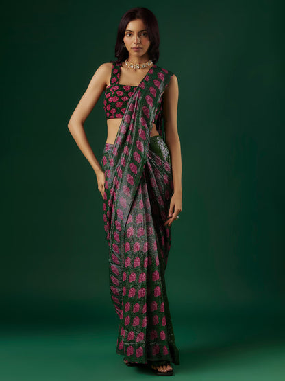 Wine Upada Silk & Shimmer Georgette Printed Pre-Draped Saree Set