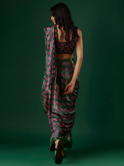 Wine Upada Silk & Shimmer Georgette Printed Pre-Draped Saree Set