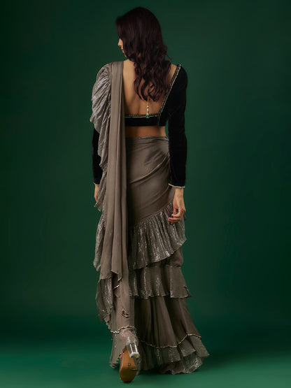 Grey Chinon & Shimmer Georgette Ruffled Saree Set