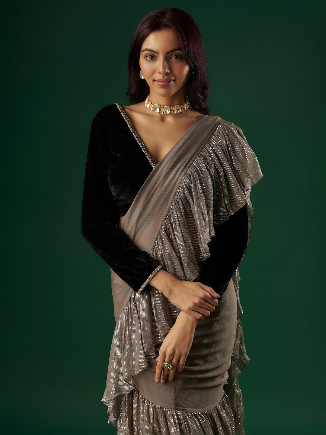 Grey Chinon & Shimmer Georgette Ruffled Saree Set