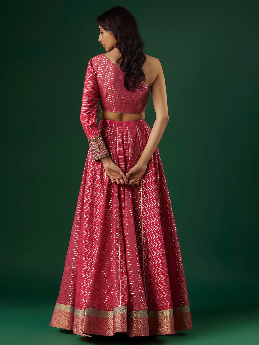 Fuchsia Red Brocade Chanderi Dabka Embroidered Lehenga Set