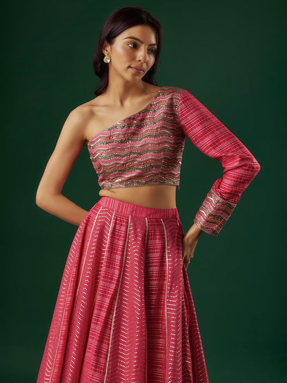 Fuchsia Red Brocade Chanderi Dabka Embroidered Lehenga Set