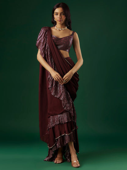 Deep Wine Shimmer Georgette Sequin Ruffled Saree Set