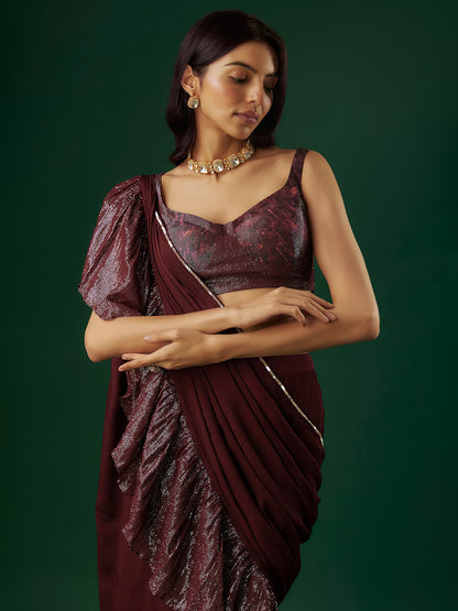 Deep Wine Shimmer Georgette Sequin Ruffled Saree Set