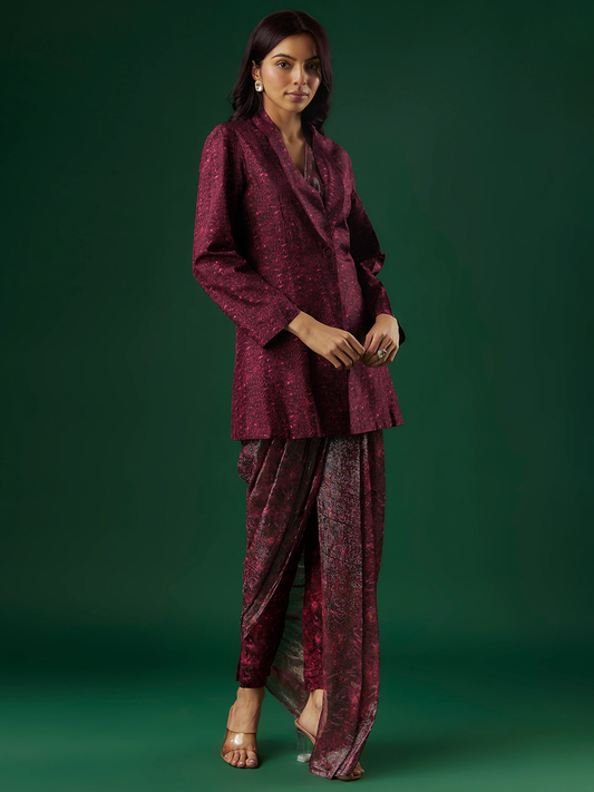 Deep Wine Upada Silk & Shimmer Georgette Handpainted Draped Pant Saree Set