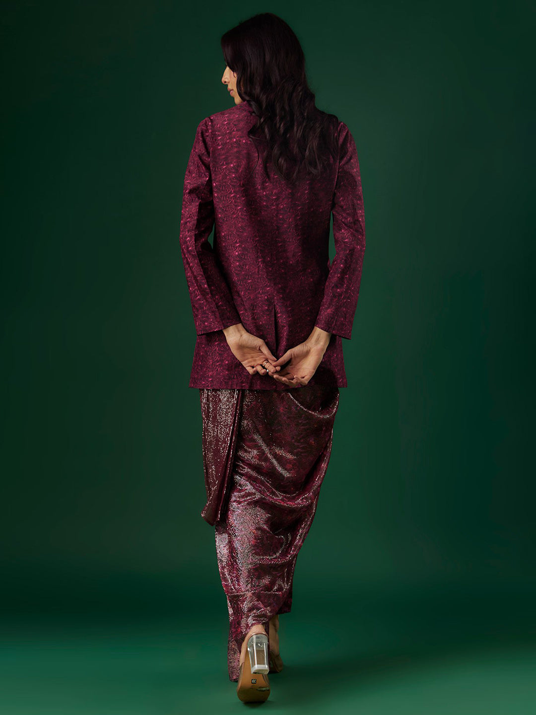 Deep Wine Upada Silk & Shimmer Georgette Handpainted Draped Pant Saree Set