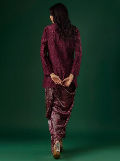 Deep Wine Upada Silk & Shimmer Georgette Handpainted Draped Pant Saree Set