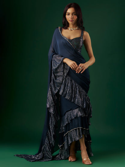 Deep Navy Blue Shimmer Georgette Sequin Ruffled Saree Set