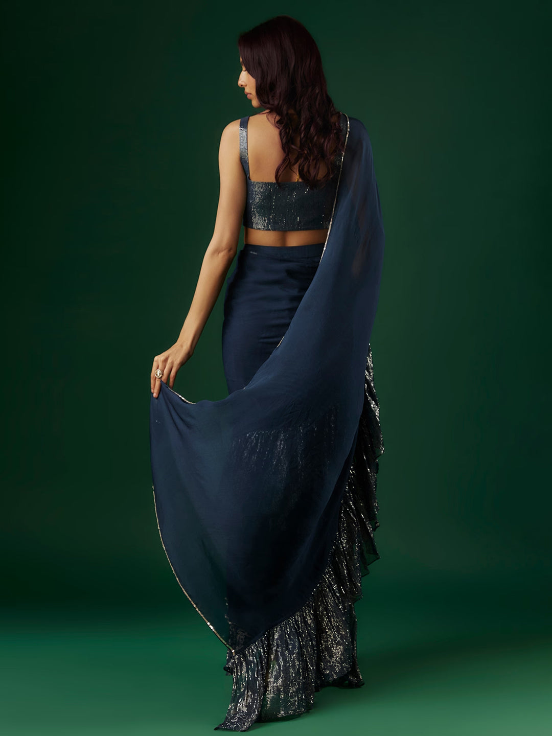 Deep Navy Blue Shimmer Georgette Sequin Ruffled Saree Set