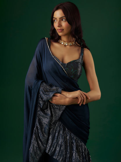 Deep Navy Blue Shimmer Georgette Sequin Ruffled Saree Set