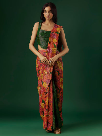 Multi-Colored Shimmer Georgette Handpainted Pre-Draped Saree Set